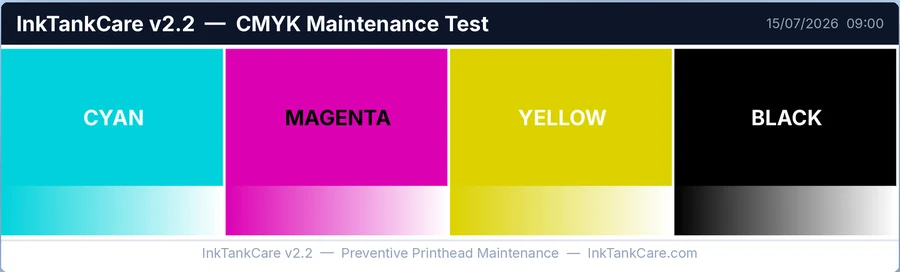 Tira de teste CMYK impressa pelo InkTankCare